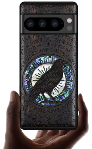 Carveit Handcrafted Case for Pixel 8 Pro (Haloed Crow-Blackwood) | Google Pixel 8 Pro Cover, Wood Engraved & Shell Inlaid, TPU Shockproof Bumper, Wireless Charging Compatible