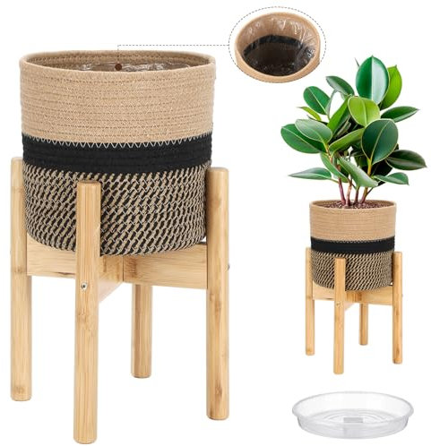 Sunnychicc Pflanzkorb mit Ständer für den Innenbereich, stabiles Juteseil, moderner gewebter Pflanzkorb, Baumwollseil, gewebter Topf mit Bambus-Pflanzenständer (schwarze und beige Streifen, 20 cm)