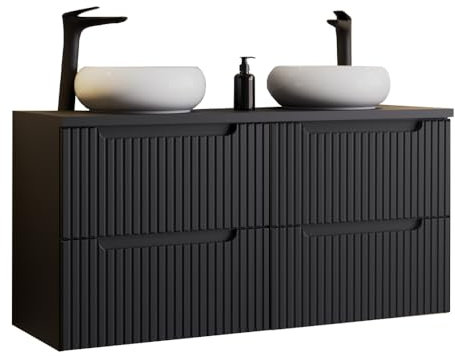 Lomadox Meuble de salle de bain double vasque 120 cm avec lavabo à poser, noir avec façade rainurée