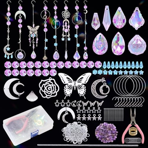 UXORSN 367 stycken kristallsolfångare gör set gör-det-själv solfångare pysselset för vuxna silver fjäril stjärnor måne hänge kristaller hängande prismor för fönster bröllop trädgård dekor