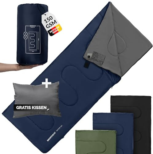 MONTARAY Deckenschlafsack ohne Kapuze 3°C INKL. KISSEN - Outdoor Winter-Schlafsack & Sommer-Schlafsack 150GSM 3-4 Jahreszeiten - Hütten-Schlafsack Damen, Herren & Erwachsene - Sleeping Bag warm leicht