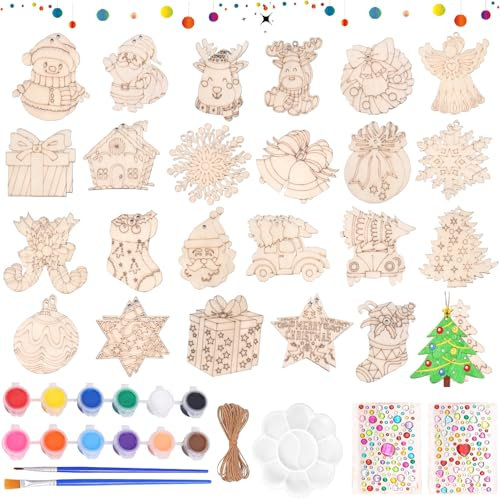 YeahBoom 52 Stück Weihnachten Basteln Holz, Holzanhänger zum Bemalen, DIY Weihnachtsdekoration, Basteln für Kinder, Farbiger Pinsel, für Malen Dekoration