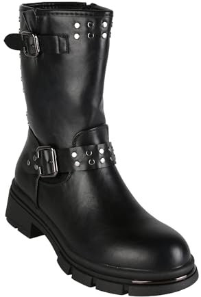 Solada Bottines Biker pour femme avec clous, Noir , 40 EU