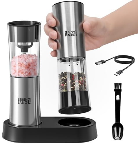 LEBENLANG Molinillo pimienta electrico de sal y pimienta - Sensor de inclinación & Recargable I Pimentero electrico Automático I Salero electricos Salt and pepper grinder set Pimienteros especias