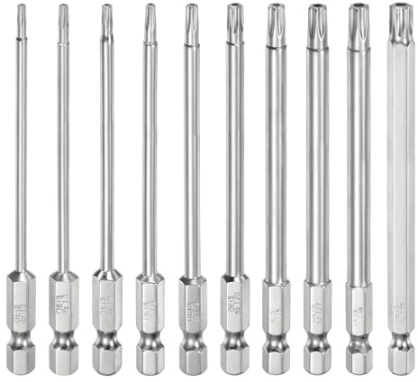 sourcing map 10 brocas Torx de seguridad T7-T35 de 1/4 pulgadas de vástago hexagonal de 4 pulgadas de largo S2 de acero magnético resistente a manipulaciones, destornillador Torx con agujero para
