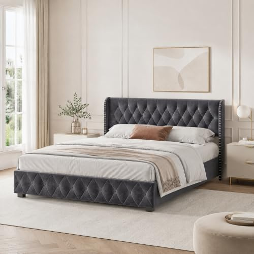Bett mit Bettkasten, 140 x 200 cm mit Lattenrost, gepolstertes Bett, aus Samt, Doppelbett mit Stauraum, gepolstertes Doppelbett, Kontinentalbett, Grau (140 x 200 cm)