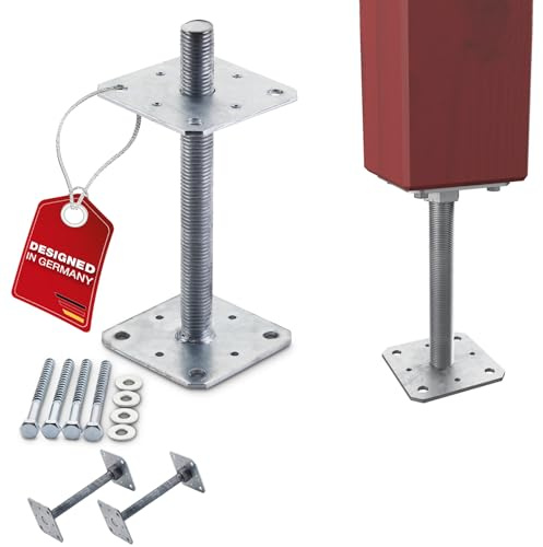 SOTECH 2er Set Pfostenträger 110 x 110 x 250 mm Gewinde M24 | Stahl feuerverzinkt Holzpfostenträger höhenverstellbar Stützfuß zum aufschrauben Witterungsbeständig