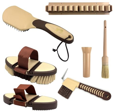 Putzset mit Gertenhalter für Pferde Pferdeputzzeug Pflege Fellpflege Flexible Kardätsche Striegel Massagebürste 2in1 Hufkratzer Mähnenbürste Pferdebürste Hufpinsel (Cappuccino Mokka Beige)