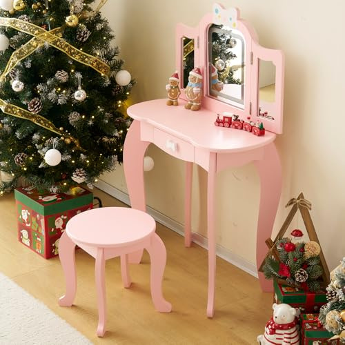 LEADZM Schminktisch für Kinder 2-in-1 mit LED-Spiegel und Kiefernholzbeinen | Frisierkommode für Mädchen von 4-9 Jahren – Klappbarer Spiegel mit Schublade und Hocker (Rosa)