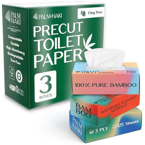 Pre-Cut Bamboo Toilet Paper – 3-Ply, Tissue Boxes – Gentle & Sustainable | No Fragrance, No BPA, No PFAS – Lint-Free | Septic Safe, Dissolves Fast | 3 Boxes (125 Sheets/Box) | PALM NAKI