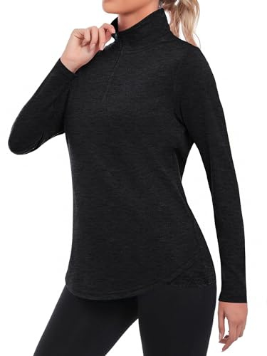 PINSPARK Sports Tops for Women Long Sleeve 1/4 Zip Running Top Quick Dry Gym Tops Summer UPF 50+ Rash Vest Outdoor Lightweight Hiking Sport T-Shirt Black l
