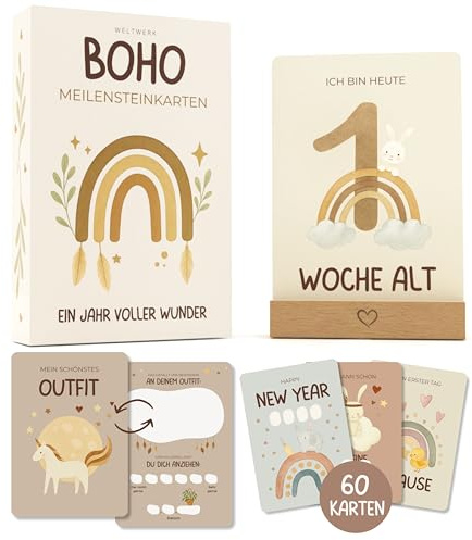 WELTWERK Meilensteinkarten Baby [Boho] 60 Monatskarten mit beschreibbaren Rückseiten – inkl. Geschenkbox und Holzaufsteller – Geschenk zur Schwangerschaft, Babyshower und Geburt