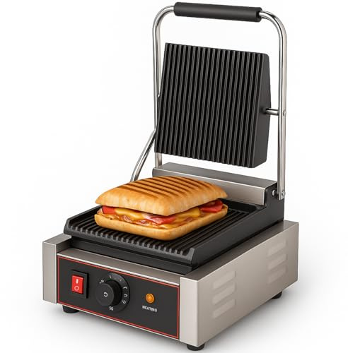 Grill Panini Elettrico Professionale 1800W - Piastre Ghisa Scanalate - Temperatura Regolabile fino a 300°C - Vassoio Grasso Inox - Struttura Acciaio Inox - Piastre 230x220mm - 230V