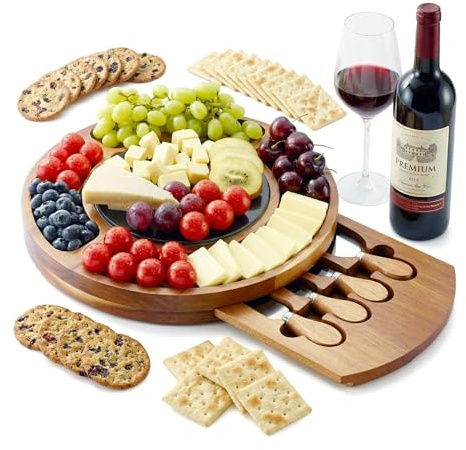 RAXCO Coffret cadeau plateau à fromage en bois d'acacia avec plateau en ardoise, planche à charcuterie ronde de 32 cm avec tiroir caché et 4 couteaux à fromage spécialisés