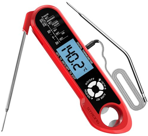 MEGAROOM Digital Meat Thermometer with Dual Probes, Instant Read Food Thermometer, Backlight LCD Screen, Waterproof, Magnetic, Temperature Alarm for Cooking, BBQ, Kitchen, and Home Essentials (Red)