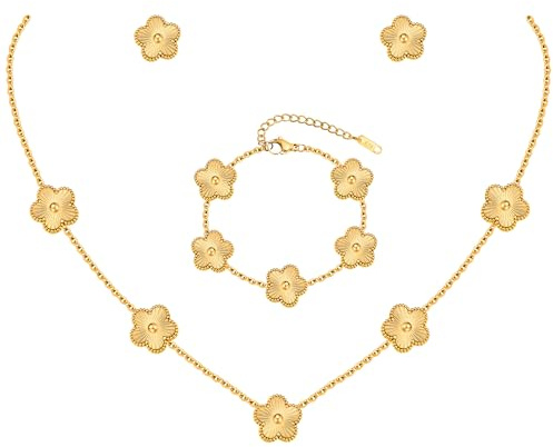 TempBeau Kleeblatt Armband Damen Schmuckset Mädchen, 18 K Vergoldet Edelstahl Halskette Ohrstecker Armband mit Zweiseitig Anhänger, Glücksklee Schmuck Set für Hochzeit Geburtstag Jahrestag (Gold)