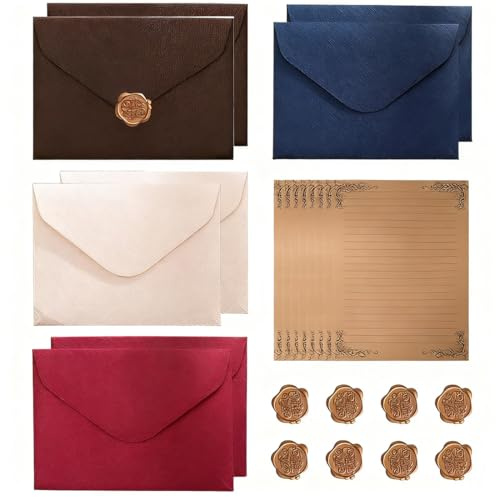 24 Stück Vintage Briefpapier mit Umschlag, Set Vintage Schreiben mit 8 Vintage-papier Briefumschläge, 8 A5 Briefpapier und 8 Wachssiegel-aufkleber, für Liebesbrief, Hochzeit, Geburtstag