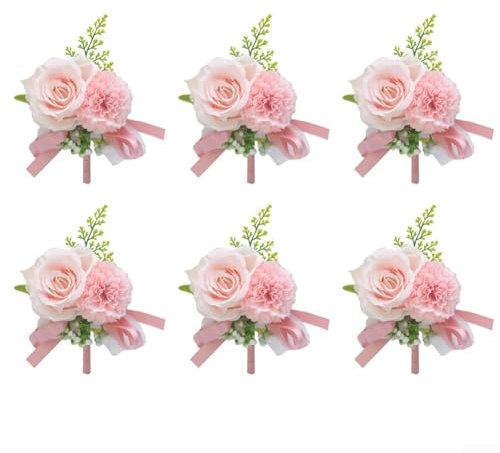 babominimer 6-teiliges Ansteckblumen-Set für Herren, künstliche Rosen-Boutonniere mit Grün für Bräutigam, Trauzeugen, Brautjungfer, Stoffblumen-Accessoires (rosa)