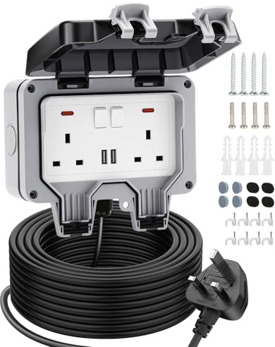 Outdoor Plug Sockets Waterproof 10M Outdoor Extension Lead with 2 USB Ports, IP66 Weatherproof Socket Switch Indicator Light Wall Electrical Outlet Box for Garden