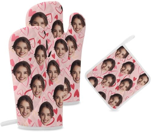 JJ GRADGOWN Guanti da Forno Personalizzati con Sottobicchieri | Personalizzabili con Immagini | Anti-Brutta Figura Resistenti al Calore | Forno & Pasticceria (Faccia buffa)