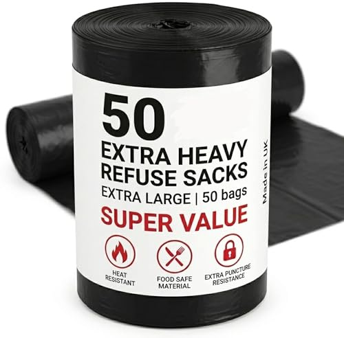 50 Pack 70L Heavy Duty Black Bin Bags, 30 Micron Tear Resistant Refuse Sacks, Leak-Resistant Bin Liners for Kitchen, Garden Office & Commercial Use (50X BIN BAG)