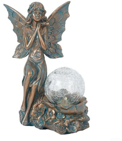 Posheliox Statua a energia solare a forma di angelo da giardino, in resina, con illuminazione solare automatica, decorazione per esterni in bronzo, per cortile, patio e prato