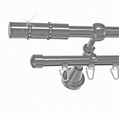 BASIT Rohr + Innenlauf Gardinenstange Wandmontage 2 läufig 240cm lang Edelstahl Look Metall Gardinenstange 2 läufig Wandbefestigung Ø16mm I H14+I