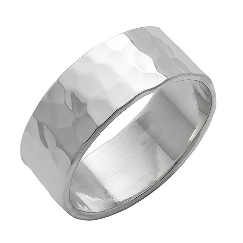 Silverly Gehämmerte Ringe aus 925er Sterlingsilber | 8 mm Flachkanten-bandring | Klobiges Klassisches Design | Strukturierter Zigarrenring für Damen und Herren