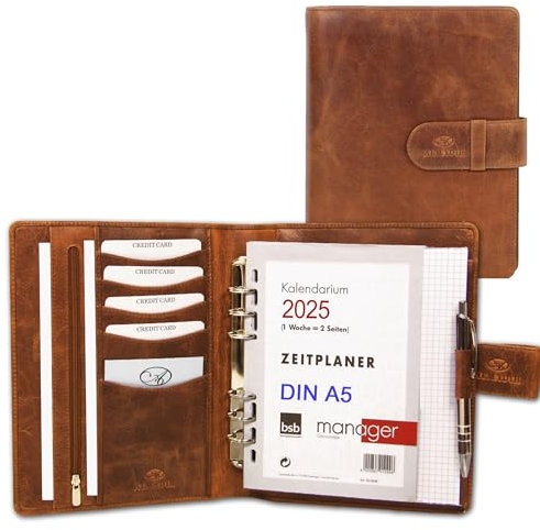 ALMADIH Leder A5 Terminplaner mit Ringmechanik Kalender 2026 Schreibblock Premium Rindsleder Braun Deluxe Ledermappe Mappe Schreibmappe Organizer Terminkalender Mappe Ringbuchmappe (A5-Ter-BD)