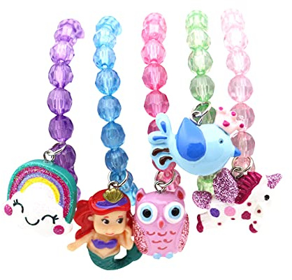 Wingchold 5pc Mermaid Bracelet, Unicorn Jewelry, Little Girl Animal Bracelets, Teens Kids Owl Pendant Beaded Bracelet Girl Party Favor Pretend Play Jewelry