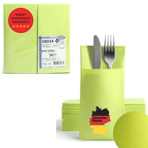 AROBA 100 Stück Vorgefaltete Airlaid Besteckservietten - 39x40 cm Stoffähnliche Einweg-Bestecktaschen mit Serviette, Robust & Besonders Saugstark - für Catering, Events, Hotel & Party - Grün Kiwi