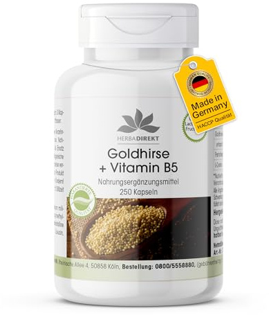 Goldhirse Kapseln - mit Vitamin B5 - vegan - Haar Nagel Haut Kapseln - 250 Kapseln | HERBADIREKT by Warnke Vitalstoffe - Deutsche Apothekenqualität