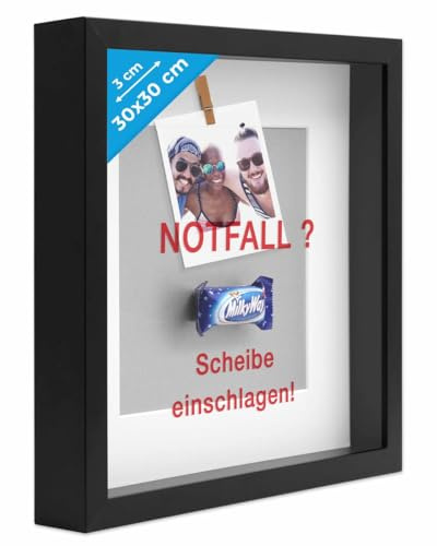 PHOTOLINI 3D Bilderrahmen zum Befüllen 30x30 Schwarz groß, 3 cm tiefer Objektrahmen mit Glas, tiefer Bilderrahmen 30x30 Holz MDF mit Passepartout, Dicker 3D Rahmen befüllbar für Gegenstände Geschenk