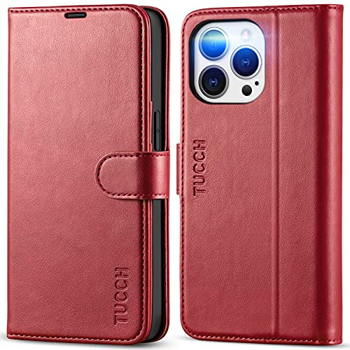 TUCCH Hülle für iPhone 13 Pro, Cover RFID-Sperrung Schutzhülle [Stoßfest] [Magnetisch Haspe] [Kartenfach] [TPU] Handyhülle klappbar kompatibel mit iPhone 13 Pro (6,1 Zoll) Dunkelrot
