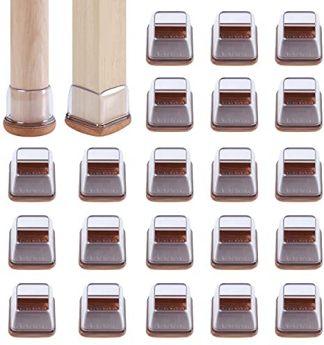 RCHYFEED 28-34mm Stuhlbeinkappen mit Filzpolstern Transparente Silikon, 24 STK Elastische Schutzkappen für Stuhlbeine Eckig Gummi Stumm & Kratzfest, Stuhlbeinschoner mit Filz 1,25'' Filzgleiter