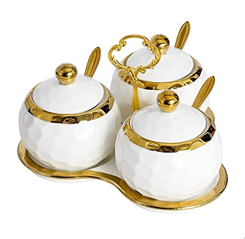 STmea Zuccheriera da golf in porcellana con coperchio, cucchiaio e vassoio, set di 3 vasetti per condimenti moderni per spezie, bianco e oro