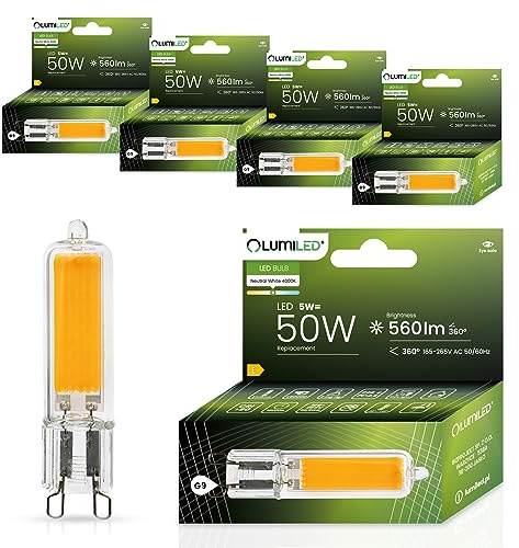 Lumiled LED Lampen G9 5er Set Leuchtmittel 5W (ersetzt 50W Glühlampe) 4000K Neutralweiß 560lm 360° Lichtwinkel 230V Glühbirnen kleine Birne Energiesparende kein Flackern COB Lichtquelle