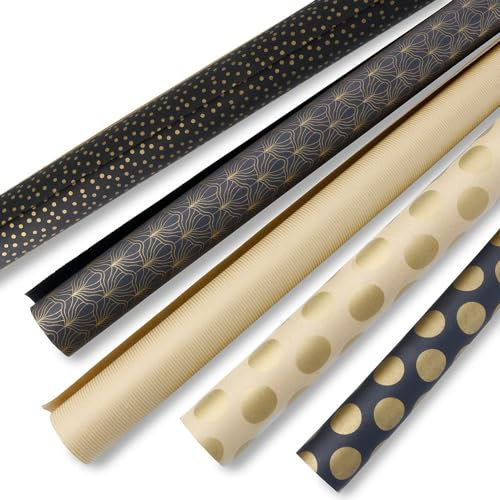 BIOZOYG Geschenkpapier Weihnachten 5 Rollen 2x0,7 m Glamour - Weihnachtsgeschenkpapier Geschenkpapierrolle aus Recyclingpapier nachhaltige Forstwirtschaft - schwarzes Kraftpapier