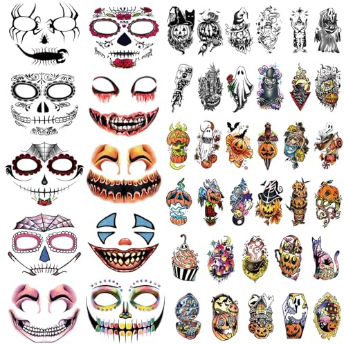 50 Hojas de Tatuajes Temporales de Halloween, Juego Familiar día de Muertos Fantasma de Calabaza para Mujeres, Calavera de Muerte Falsa Tatuajes para Hombres Niños, Kit de Tatuaje de Maquillaje Zombie