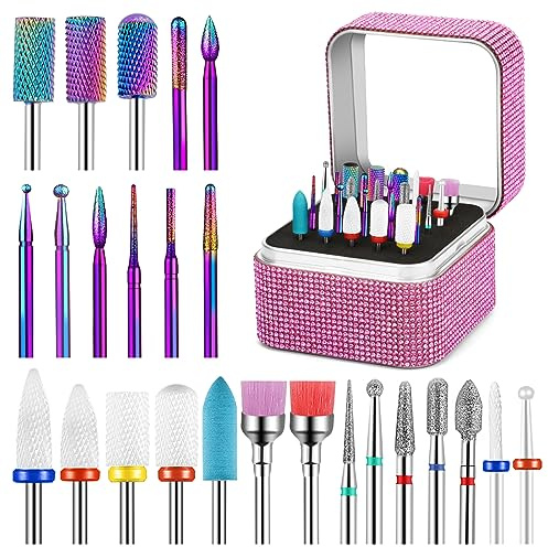 Cellentool Nagelbohrer-Set mit Aufbewahrungsbox, 3/32 Zoll, Wolframkeramik, Diamantkarbid, Nagelbohrer für Acrylnägel, Gelpolitur, Nagelhautentferner-Bits für Maniküre, Pediküre, 25 Stück