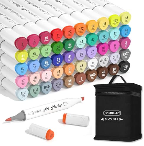 Shuttle Art Alkohol Marker, 50 bunte doppelseitige Alkohol Marker Stifte Set mit Pinsel- und Meißelspize, Graphic Marker Stifte für Kinder & Erwachsene, Alkohol Stifte zum Zeichnen,Illustration