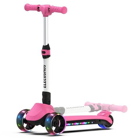 ELECOSMOS Electric Scooter for Kids Ages 4-9, 3 Wheel Electric Scooters for Kid, Light Up Wheels & Deck, Long Battery Life, Kick Scooter for Kids 5-7, Biginner Electric Scooter, Girls, Toddlers, Pink