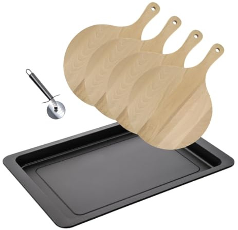 Fackelmann 9938450 - Set per pizza, 4 assi per pizza e 1 rotella per pizza, tagliere per pizza, piano cottura, rotella per pizza, acciaio inossidabile, legno, 42 x 29 x 2,5 cm