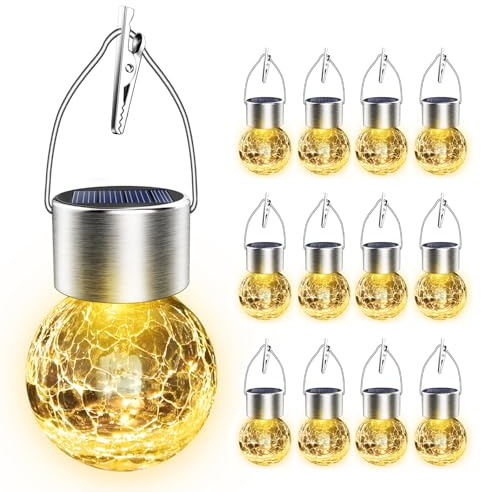 Ahongem Solar Hanging Lanterns Outdoor: 12 Pack Cracked Glass Ball Lights with Clip - Waterproof Warm White Fairy Globe Lighting Yard Tree Ornaments - Gardening Gifts for Mom Grandma