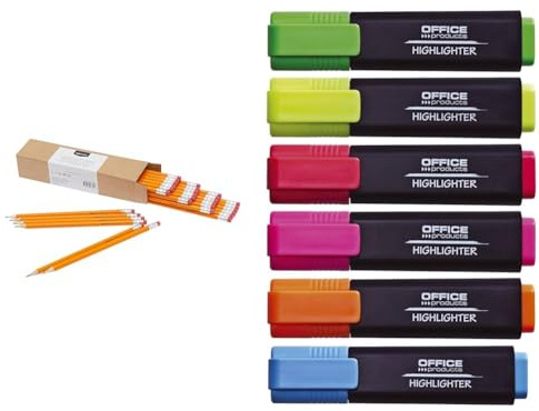 Amazon Basics - Holzgefasste Bleistifte, HB, vorgespitzt, 30er-Pack, orange & OFFICER PRODUCTS PRODUCTS Textmarker Leuchtend/ 6er Pack