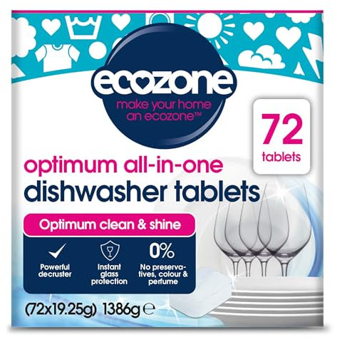 Ecozone Optimum, pastiglie per lavastoviglie All In One, confezione da 72, pastiglie per lavastoviglie con sale, brillantante ed effetto extra secco, potenti sgrassanti e lavapiatti, ecologiche e