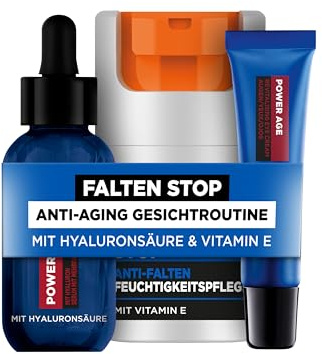 L'Oréal Men Expert Pflegeset gegen Falten für Männer, Mit Gesichtscreme, Gesichtsserum und Augencreme, Set für Herren mit Anti-Aging Feuchtigkeitspflege, Falten Stop, Power Age, 3-teilig