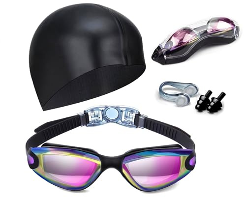 Hurdilen Lunettes de natation sans fuite avec pince-nez, bouchons d'oreille, bonnet de bain et étui pour homme et femme