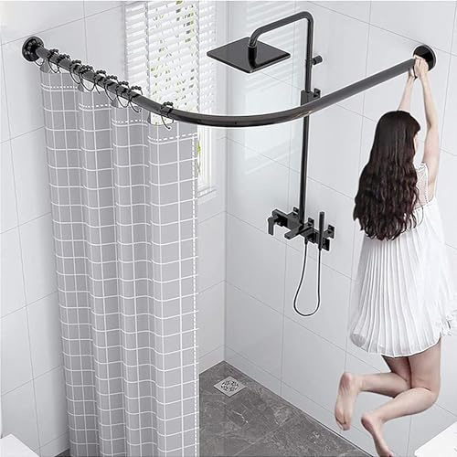 Hörn-duschdraperistång utan borrning, L-formad, justerbar, böjd duschdraperistång, teleskopisk spännstång i rostfritt stål 304, för badkar (70–95 cm x 105–165 cm)