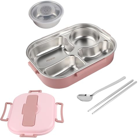 Contenitore per il pranzo in acciaio inox, portatile a 4 griglie, con ciotola per zuppa, contenitore per alimenti per adulti (con cucchiaio e bacchette) contenitore per il pranzo a quattro scomparti